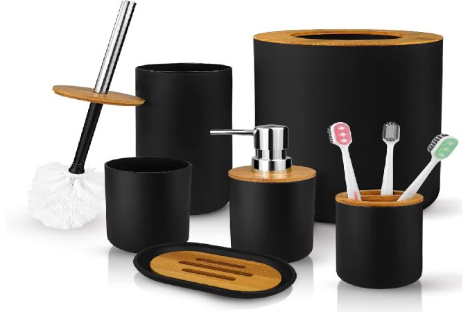 Livhil 6 Pcs Bamboo and Plastic Bathroom